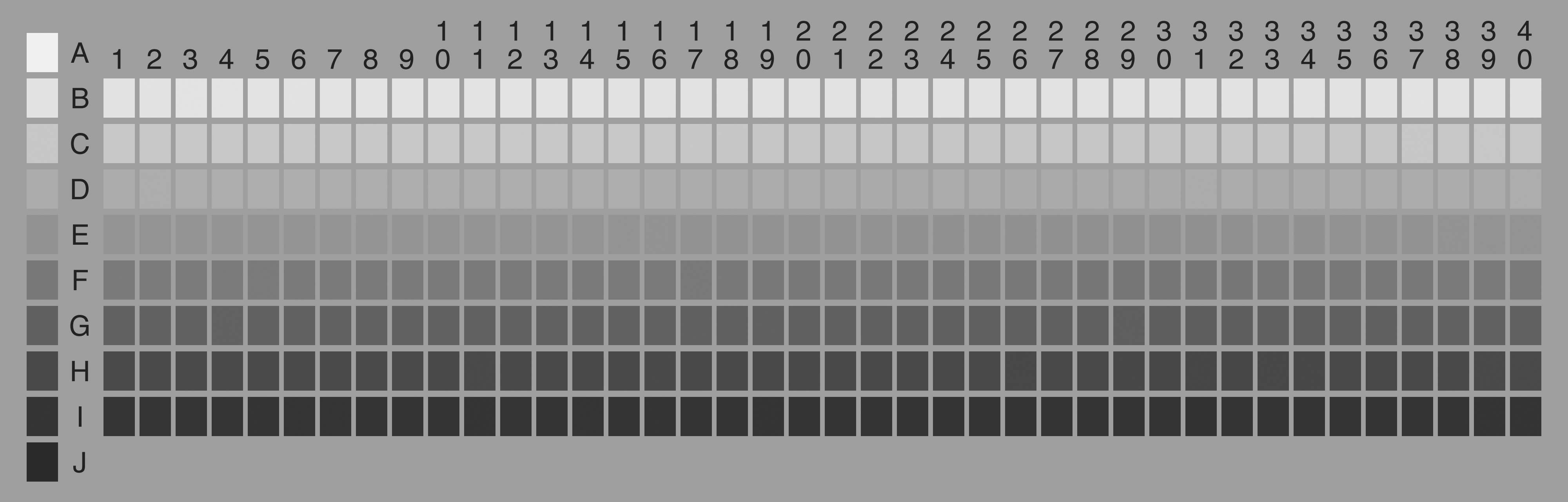 planche en niveaux de gris des couleurs classées par valeurs équivalentes