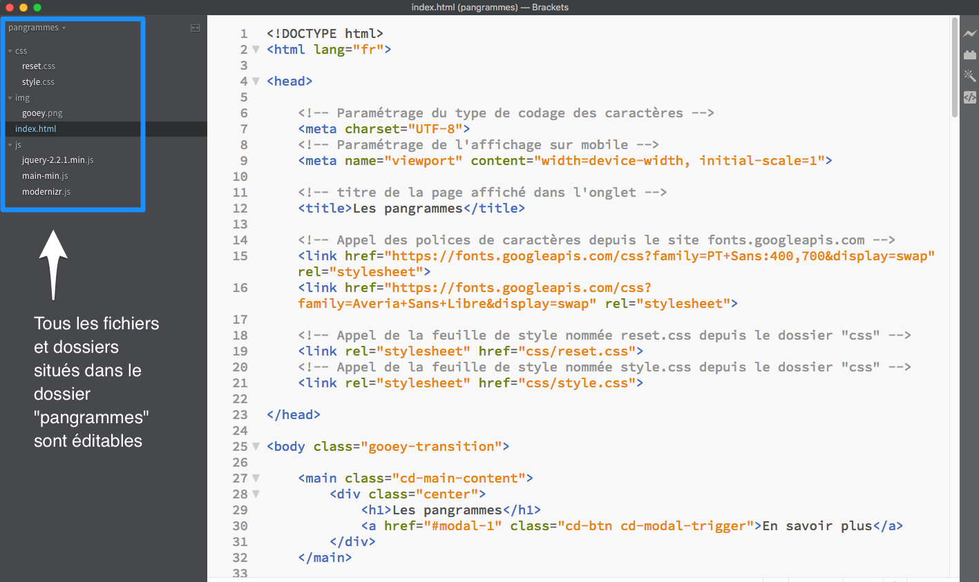Capture d'écran du code source affiché dans Brackets