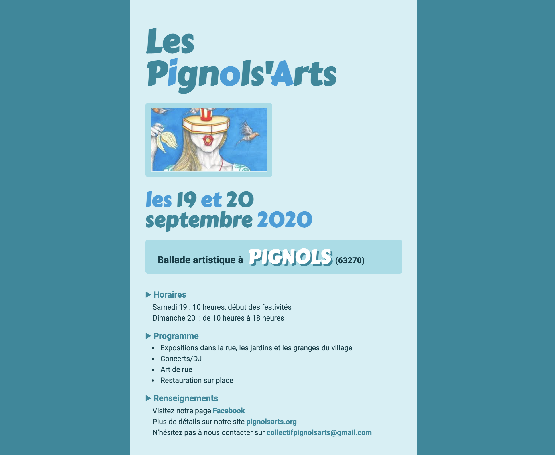 Capture d'écran de la page Web intitulée Les Pignols'Arts