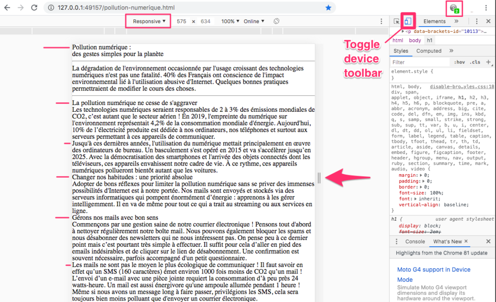 Capture d'écran de la fenêtre d'inspection des éléments à l'aide des outils de développement de Chrome.