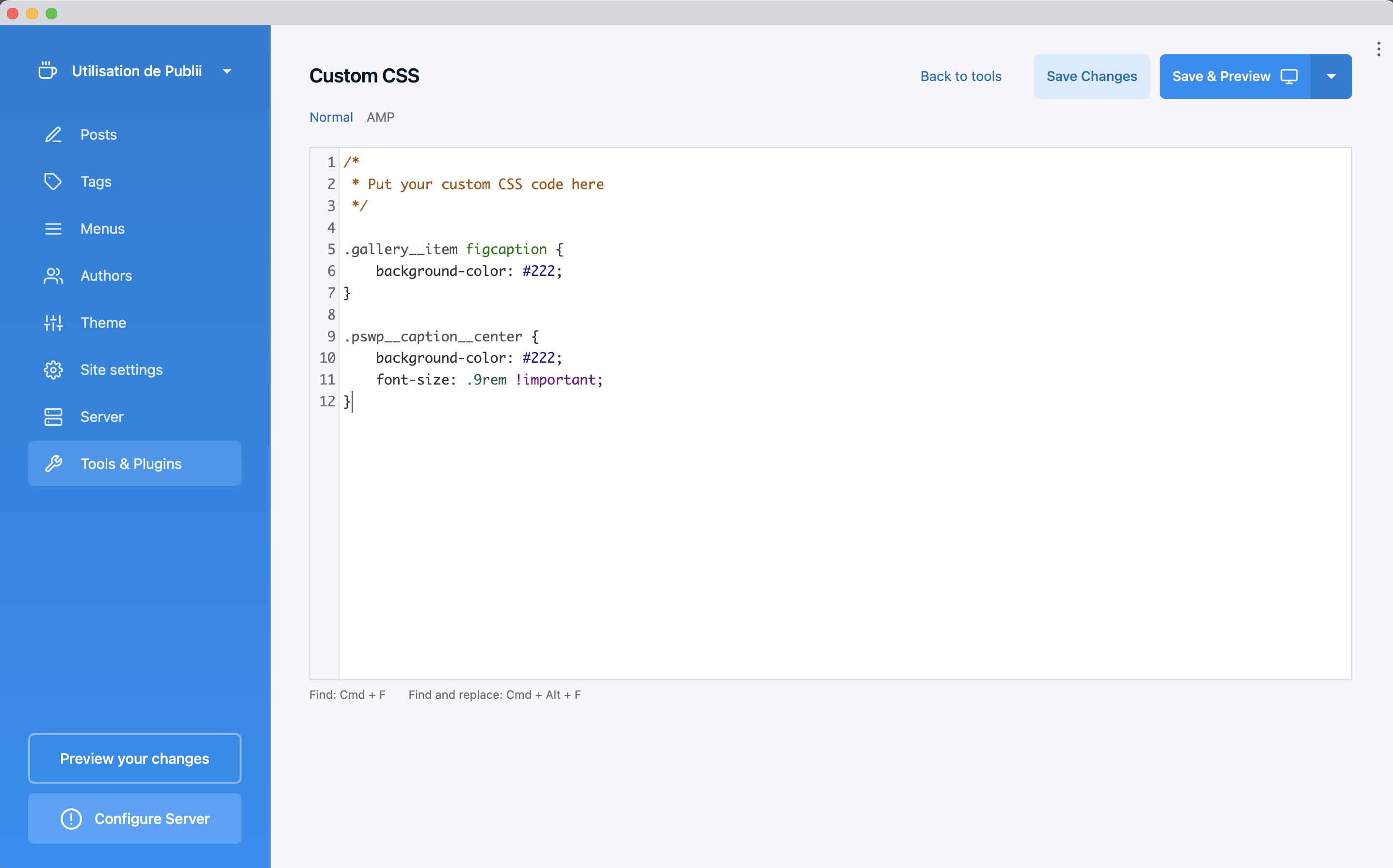 Capture d'écran de la fenêtre de paramétrage des CSS personnalisées dans Publii