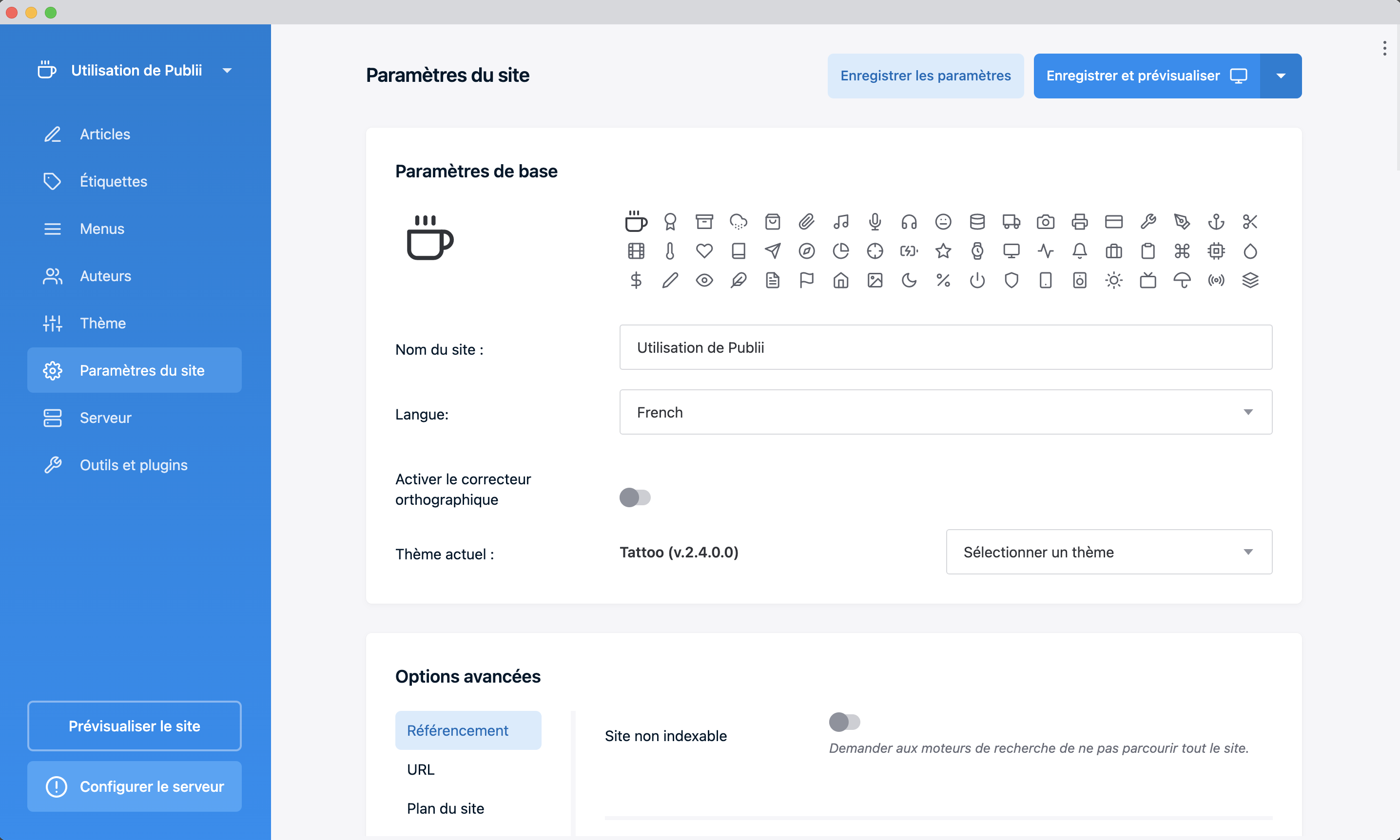 Capture d'écran de l'interface de Publii, en français