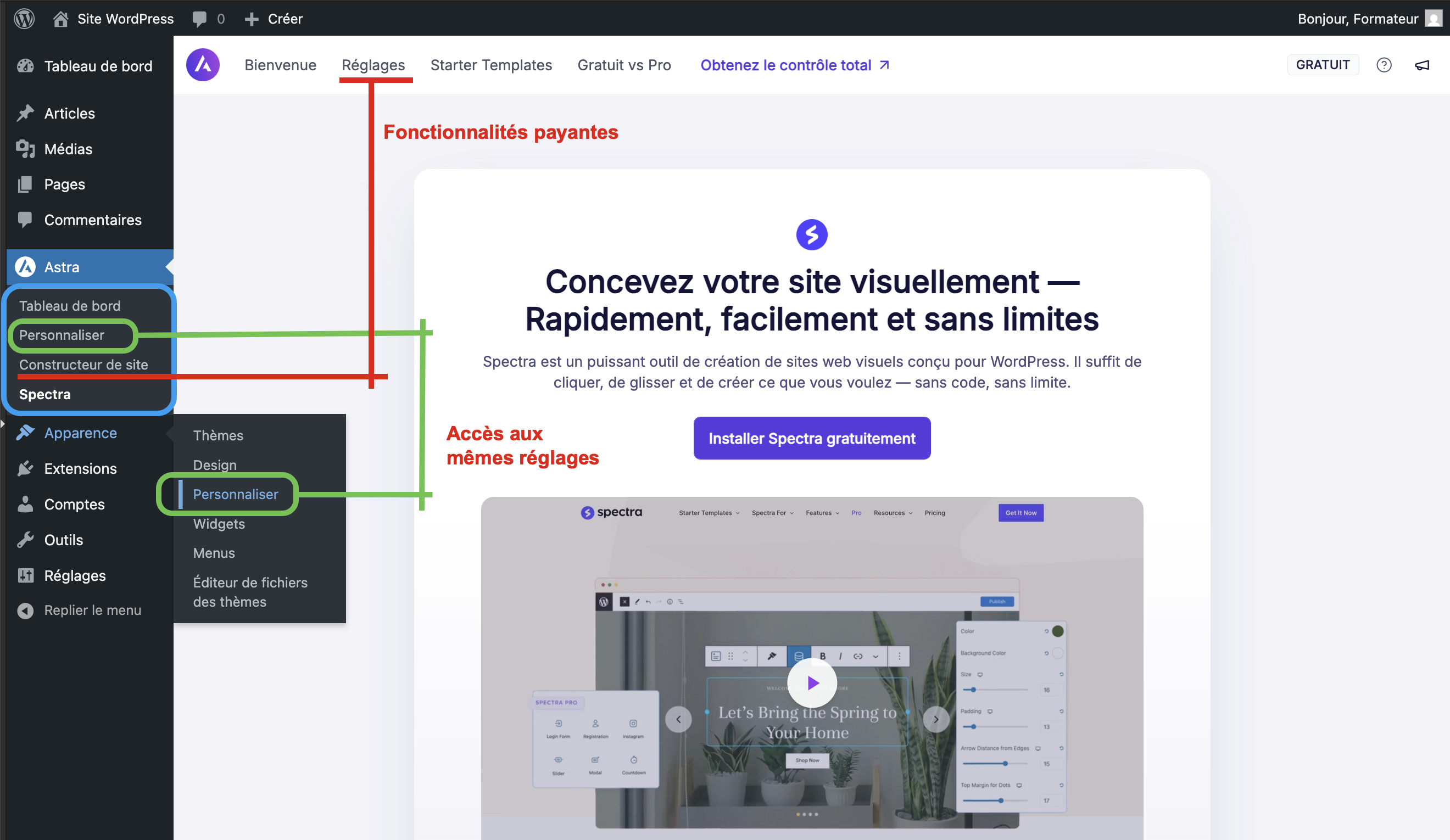 Fonctionnalités du menu Astra (dans la colonne latérale du tableau de bord de WordPress)