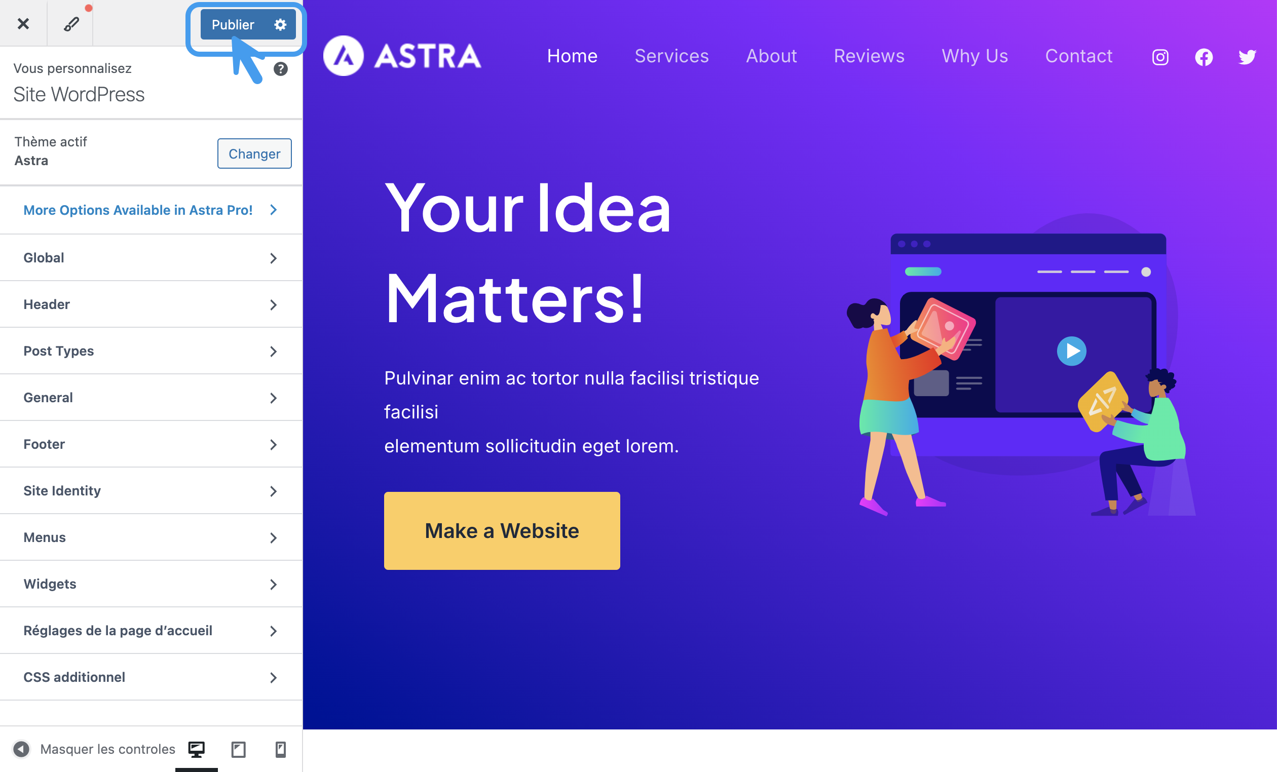 Menu “Personnaliser” avec les éléments de maquette du thème Astra