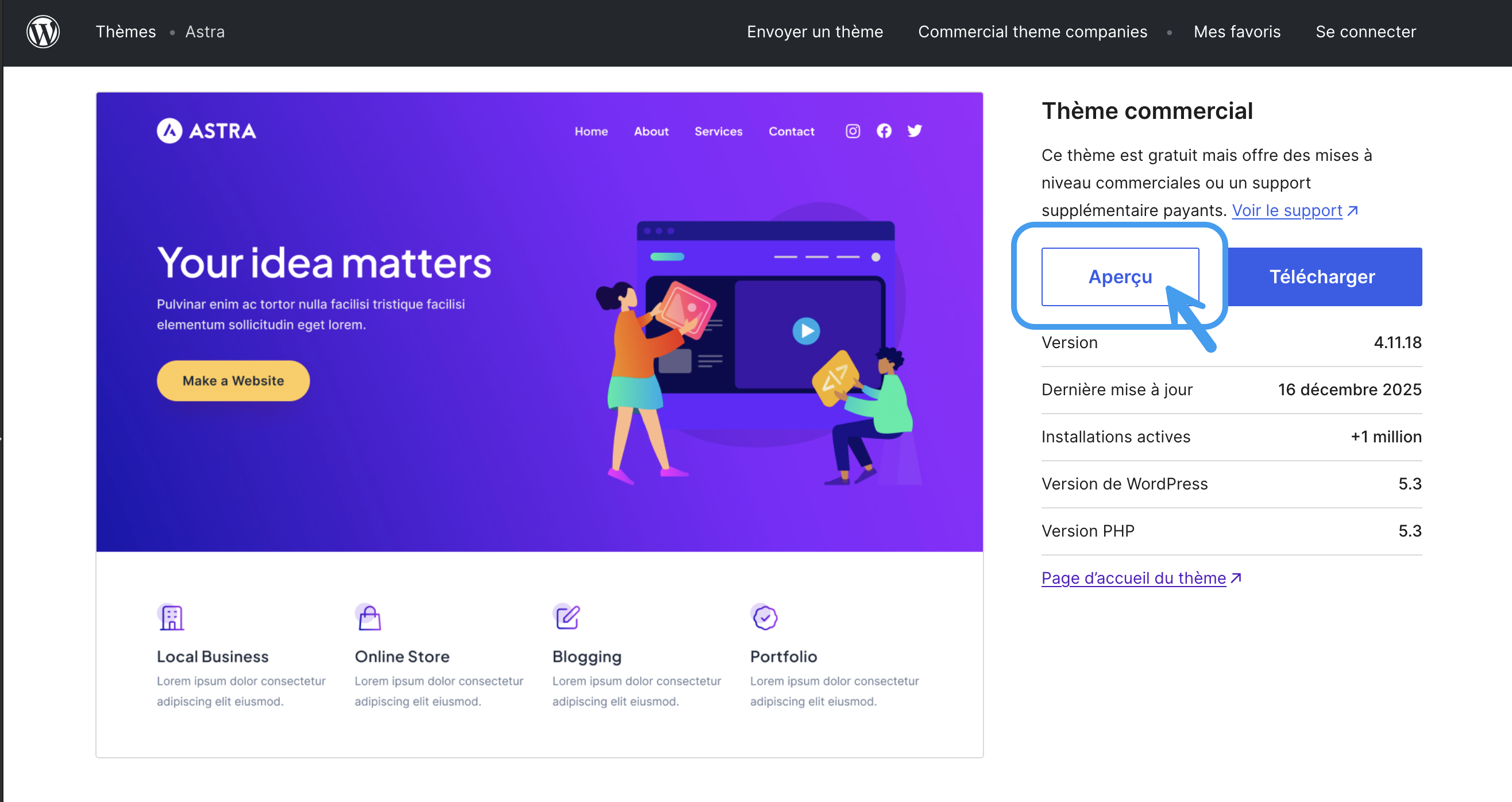 Page présentation du thème Astra sur le site de wordpress.org